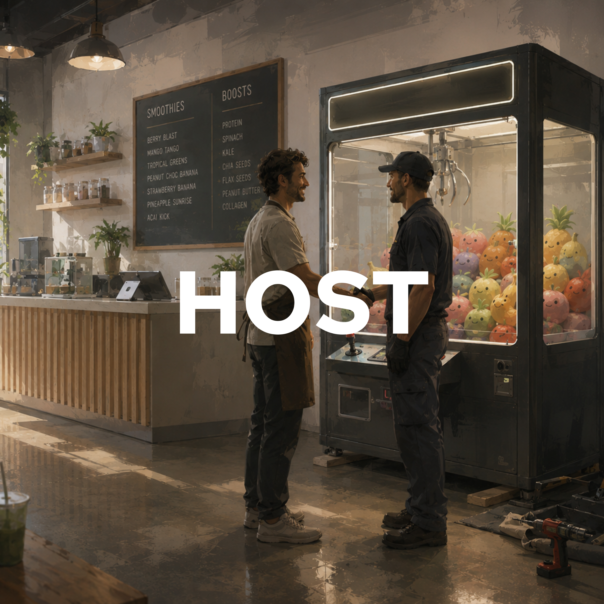 Business owner speaking with an Astra Vending representative beside a modern claw machine inside a smoothie shop