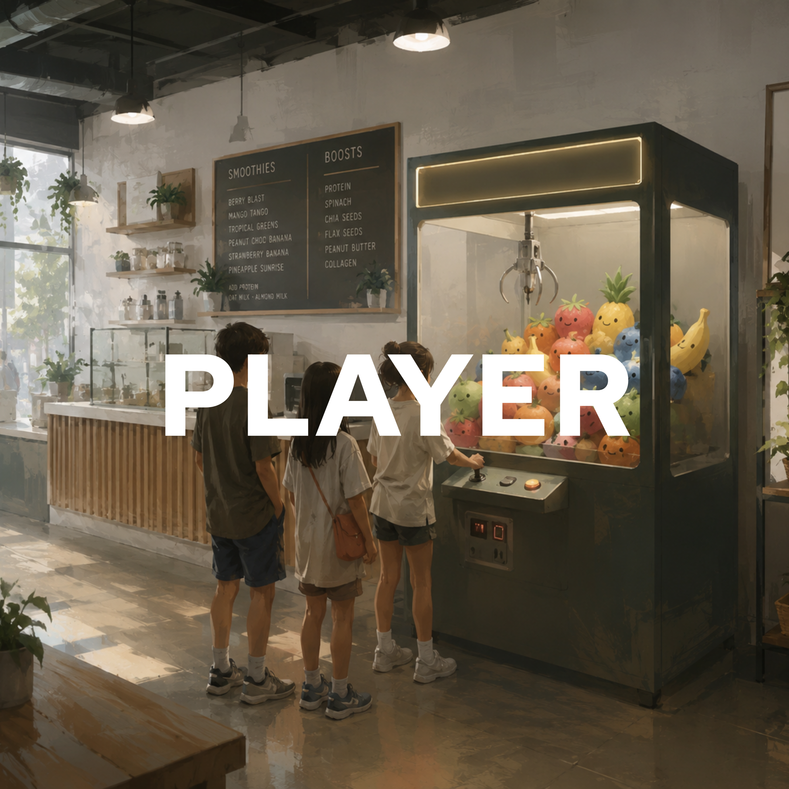 Kids playing a modern claw machine inside a smoothie shop for Astra Vending player support